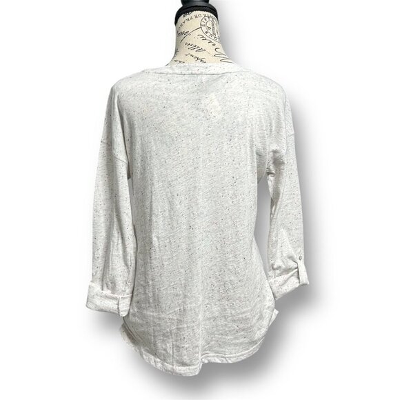 T by Talbots S Gray Speckled Cotton Split Neck Henley Roll Tab Sleeves Casual - Picture 4 of 8